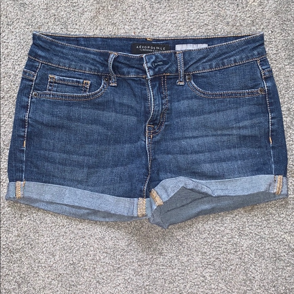 dark wash midi jean shorts